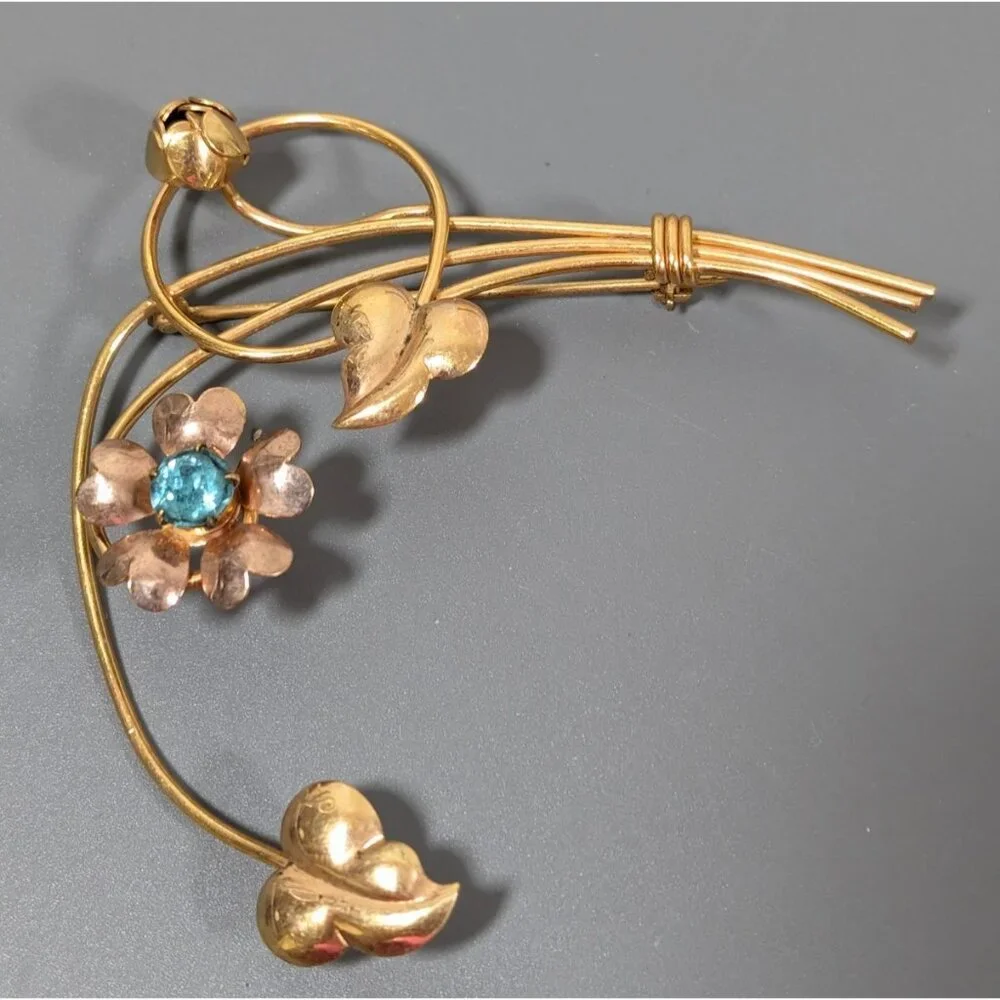 VTG 12k Gold Filled Flower Leaf Vine Spray Brooch Large Blue Stone Birthstone‎